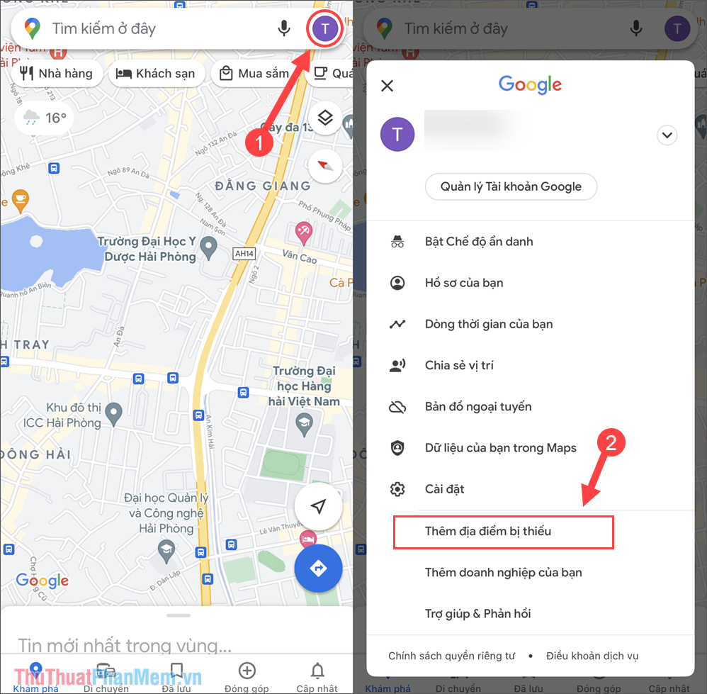 Chọn Thêm địa điểm bị thiếu để tạo địa điểm trên Google Map