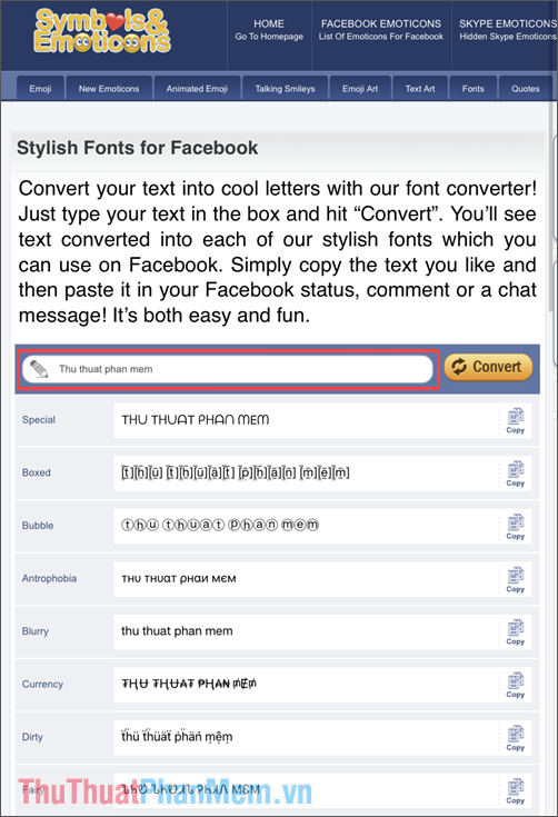 Mở Symbols & Emoticons và nhập nội dung chữ cần thay đổi font vào trong hộp thoại