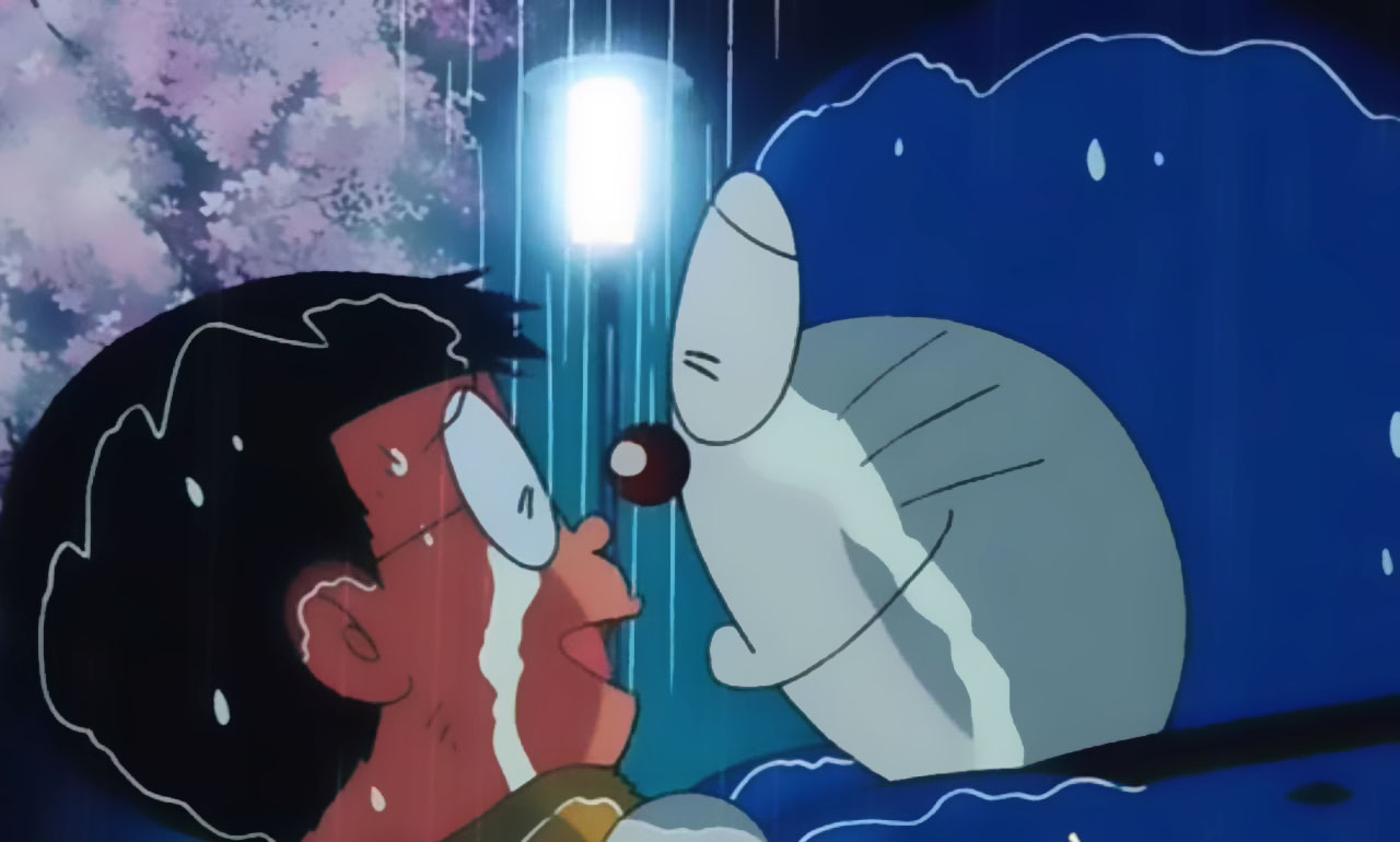 Hình ảnh Nobita khóc dưới mưa