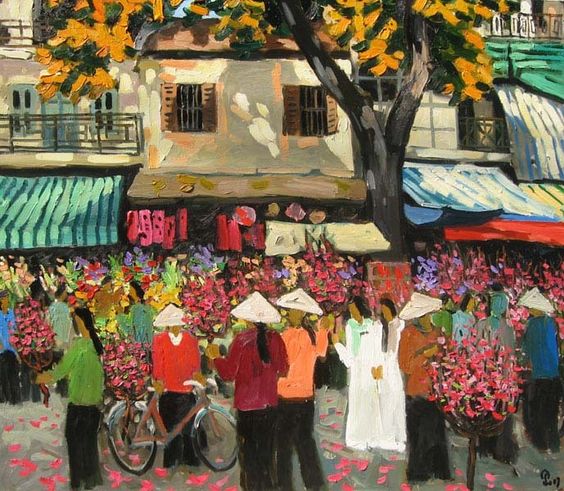 Bức tranh vẽ về chợ hoa Hà Nội