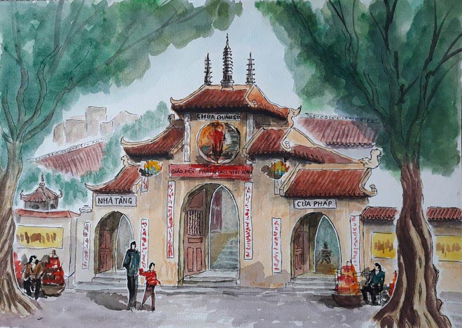 Bức tranh vẽ về cổng chùa Hà Nội