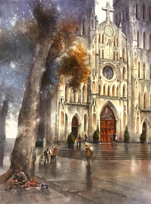 Bức tranh vẽ về nhà thờ ở Hà Nội