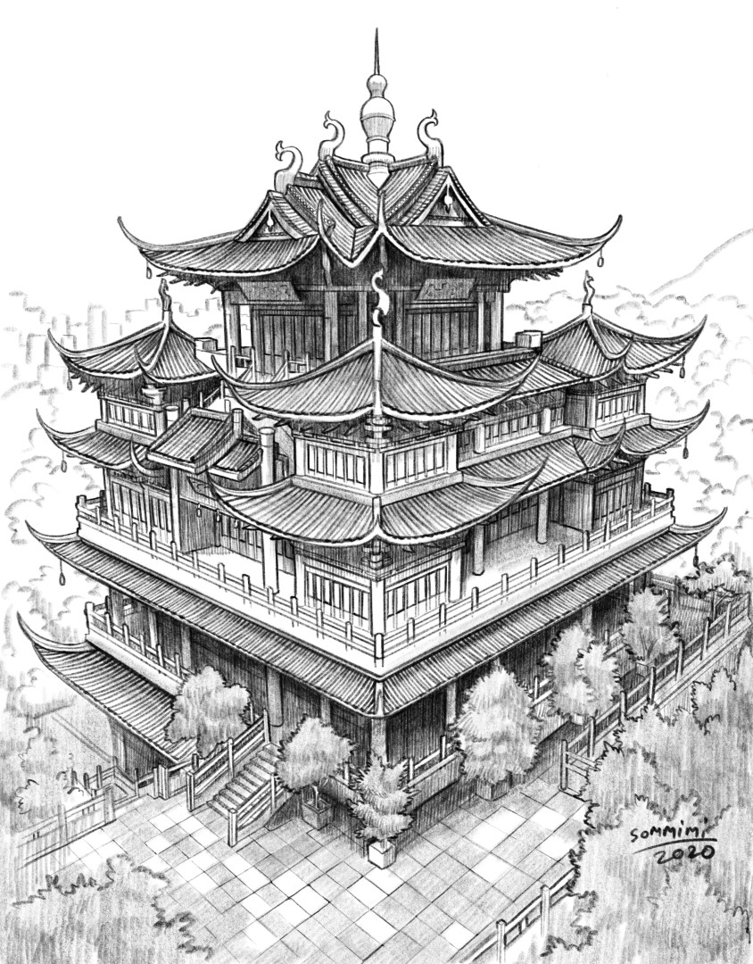 Tranh vẽ chì kiến trúc Trung Quốc đẹp