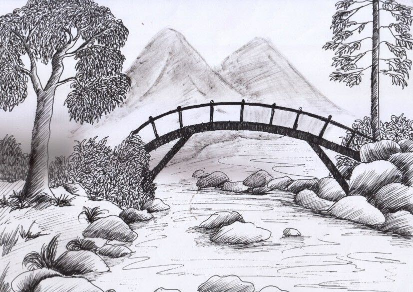 Tranh vẽ chì phong cảnh núi Trung Quốc