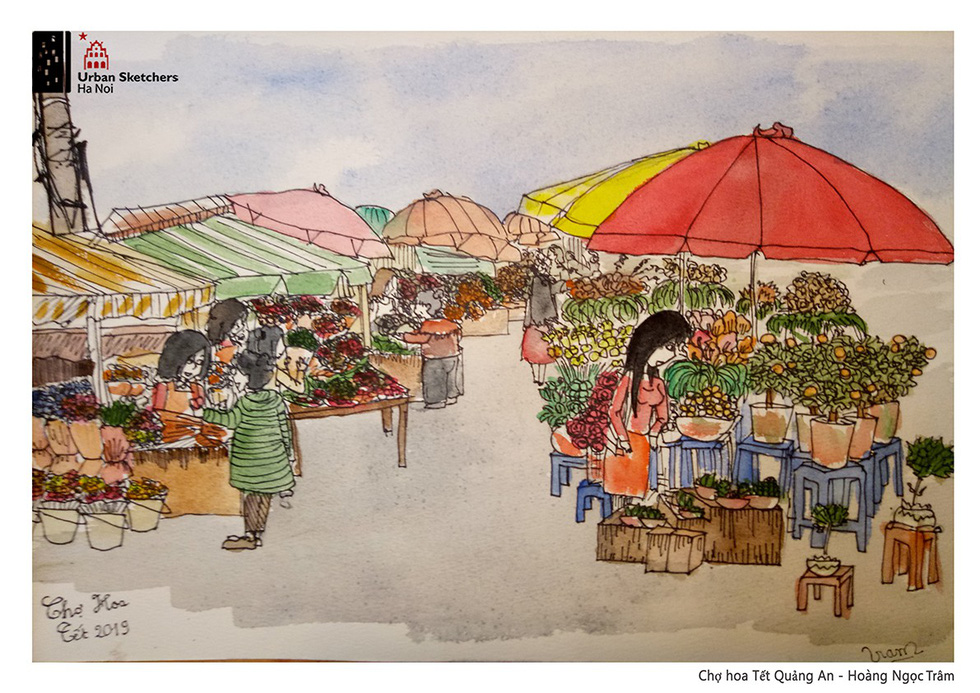 Tranh vẽ chợ làng ngày Tết đẹp