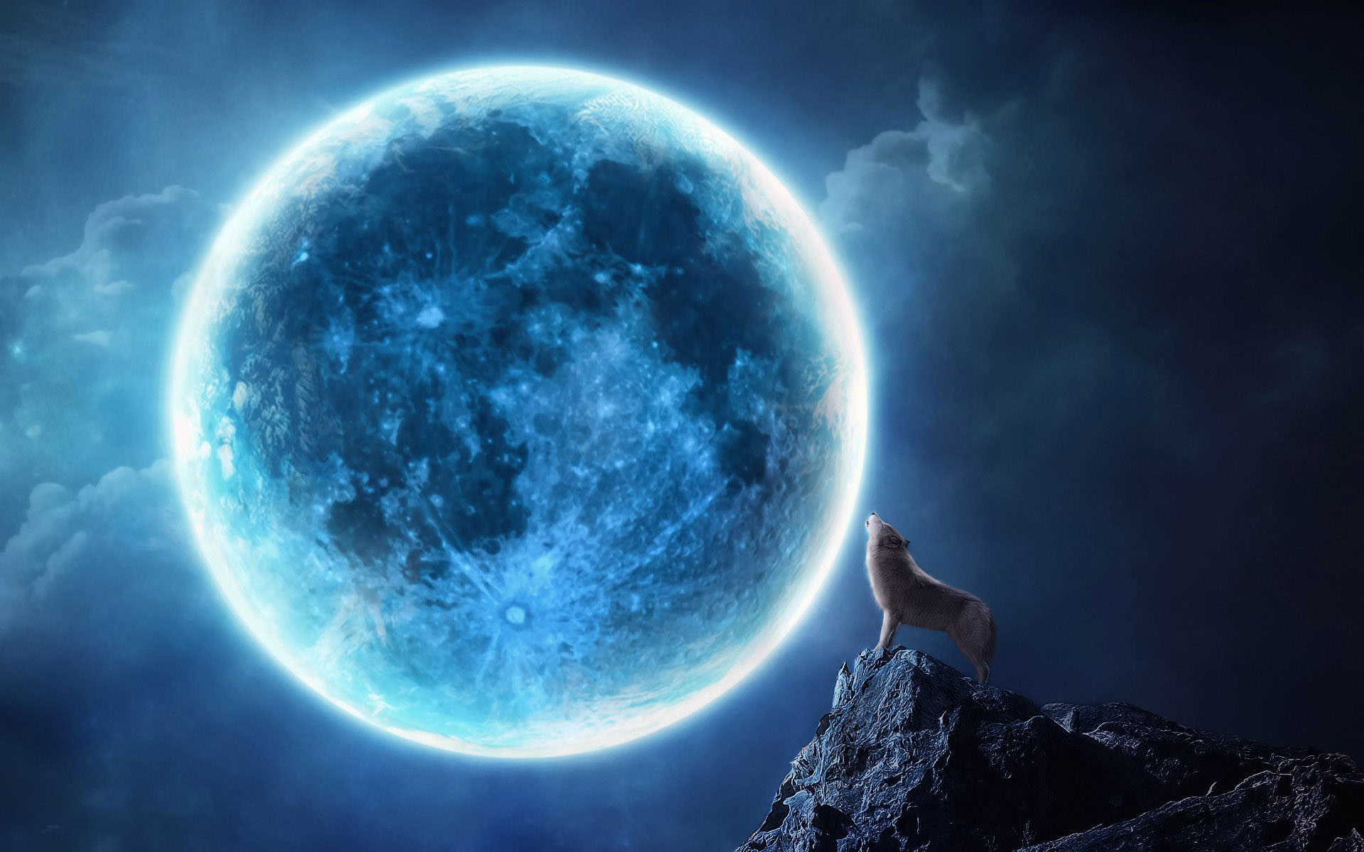 Hình nền sói và mặt trăng xanh
