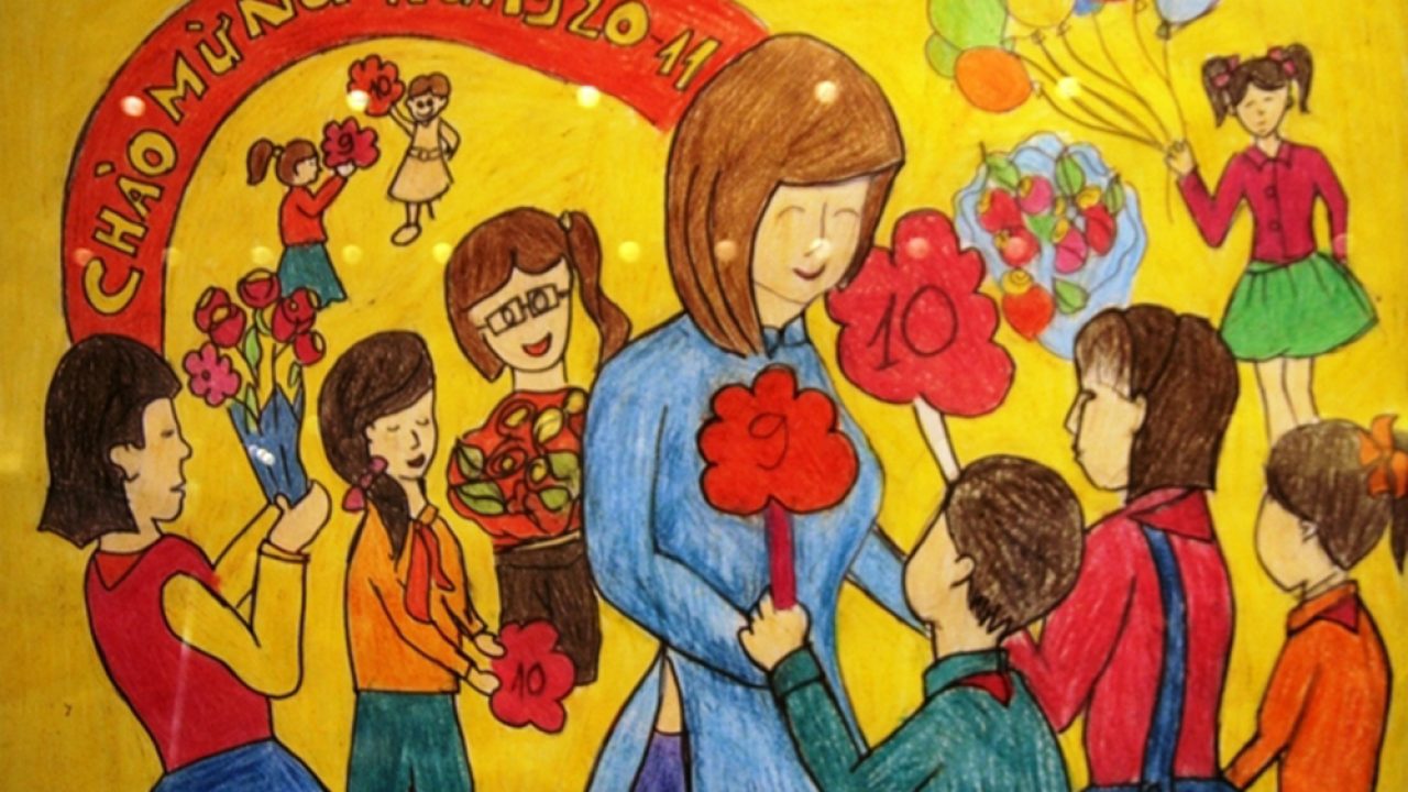 Tranh vẽ cô giáo và học sinh tranh vẽ kỷ niệm 2011  Việt nam Viết Cảm  ơn thầy cô