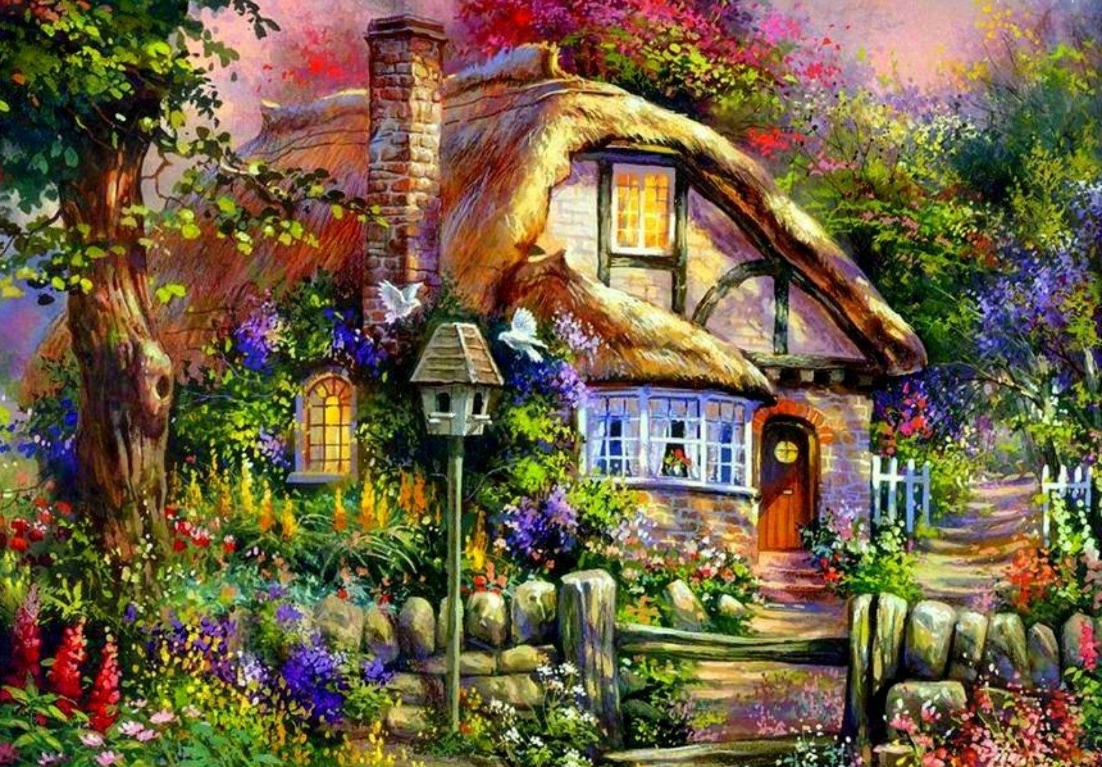 Tranh vẽ ngôi nhà trong vườn hoa