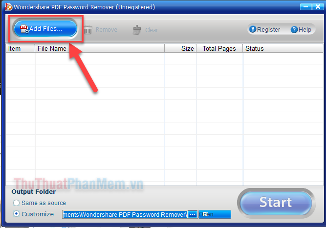 Nhấn Add Files… để thêm file PDF cần mở khóa