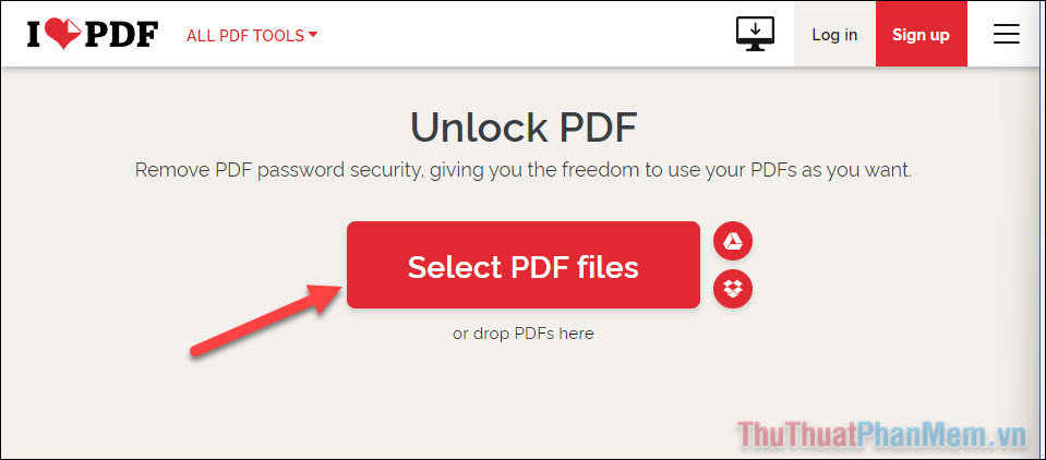 Nhấn vào nút Select PDF Files và chọn file PDF bạn muốn mở khóa