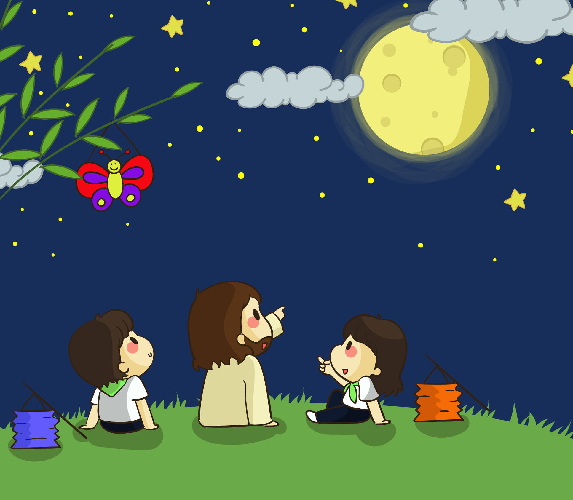Hình ảnh chúa Giêsu ngắm trăng cùng trẻ em