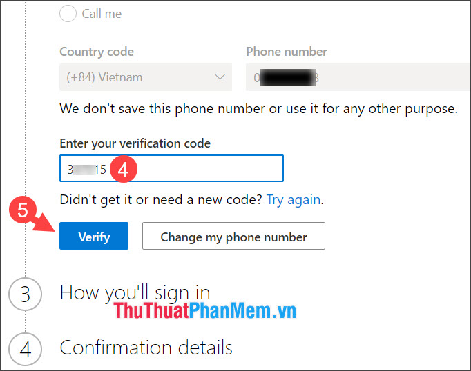 Nhập mã xác minh gửi về số điện thoại của bạn và chọn Verify