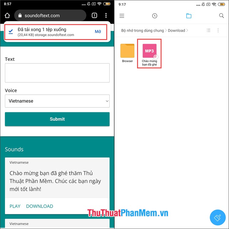 Bấm Mở và file âm thanh sẽ xuất hiện trong thư mục Downloads trên bộ nhớ máy