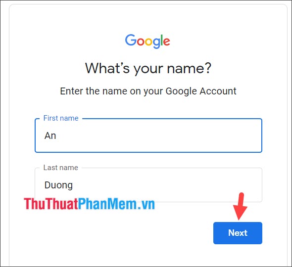 Nhập họ và tên của Gmail