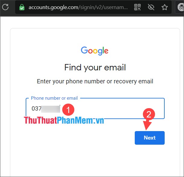 Nhập số điện thoại từng xác minh Gmail và nhấn Next