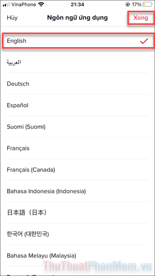 Chọn ngôn ngữ mà bạn muốn đặt cho ứng dụng rồi nhấn Xong