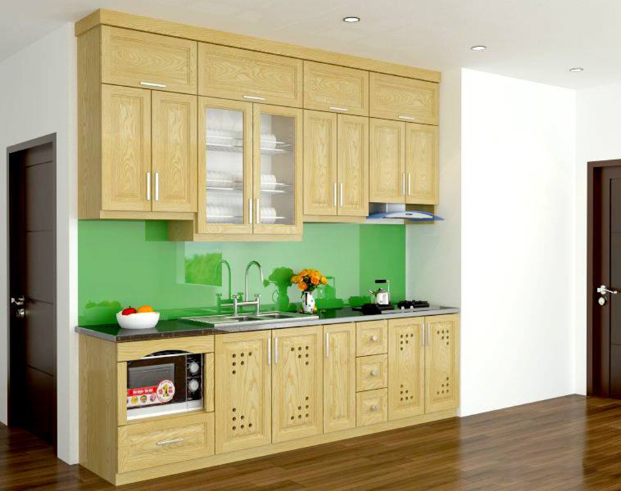 Mẫu tủ bếp bằng gỗ sồi vàng