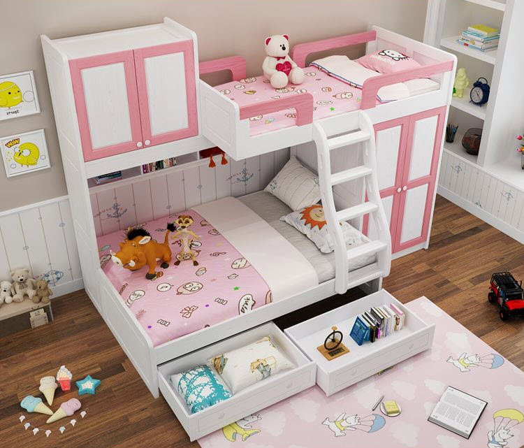 Mẫu giường ngủ hai tầng màu hồng cho trẻ em