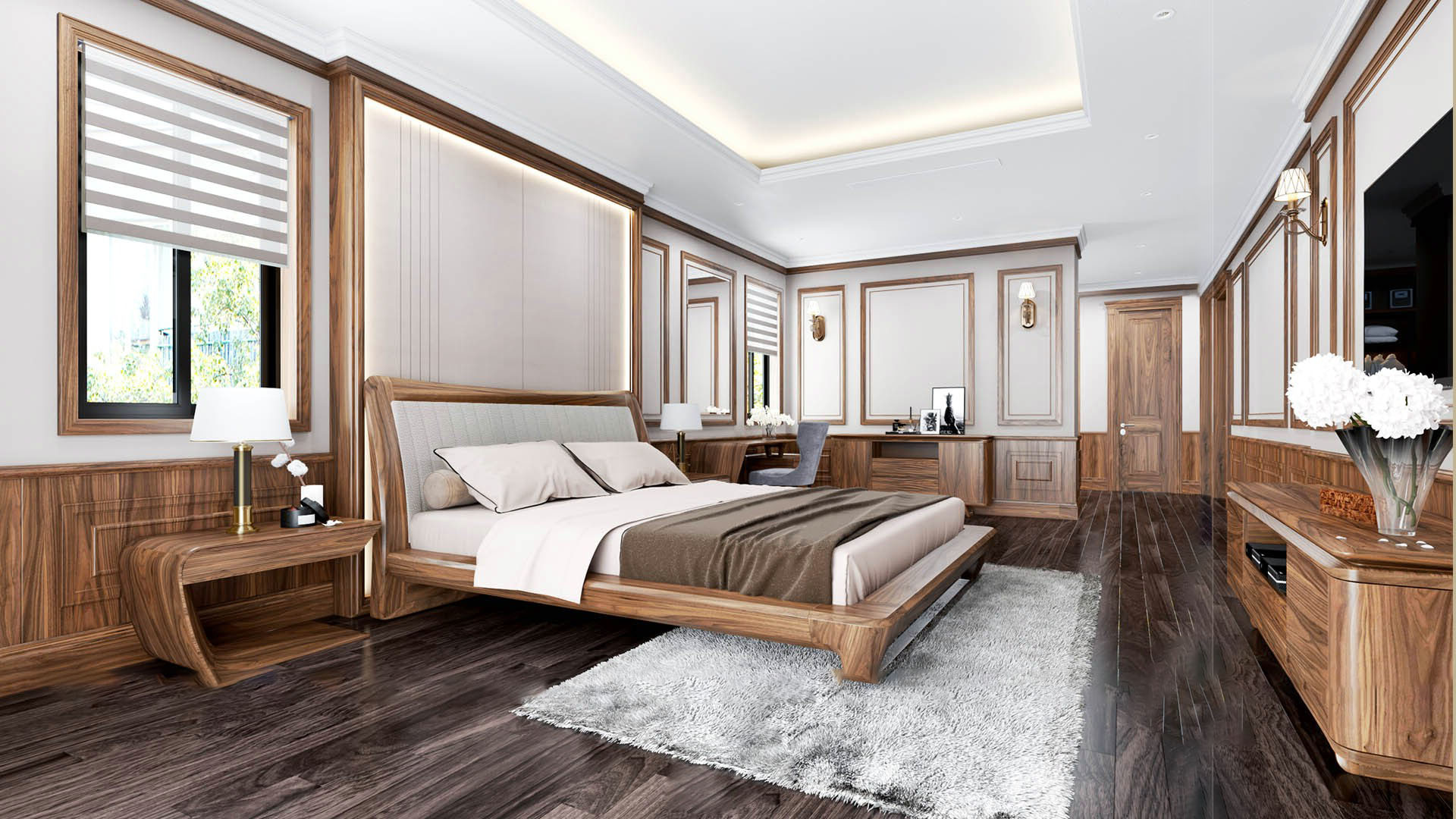Thiết kế phòng ngủ bằng gỗ óc chó