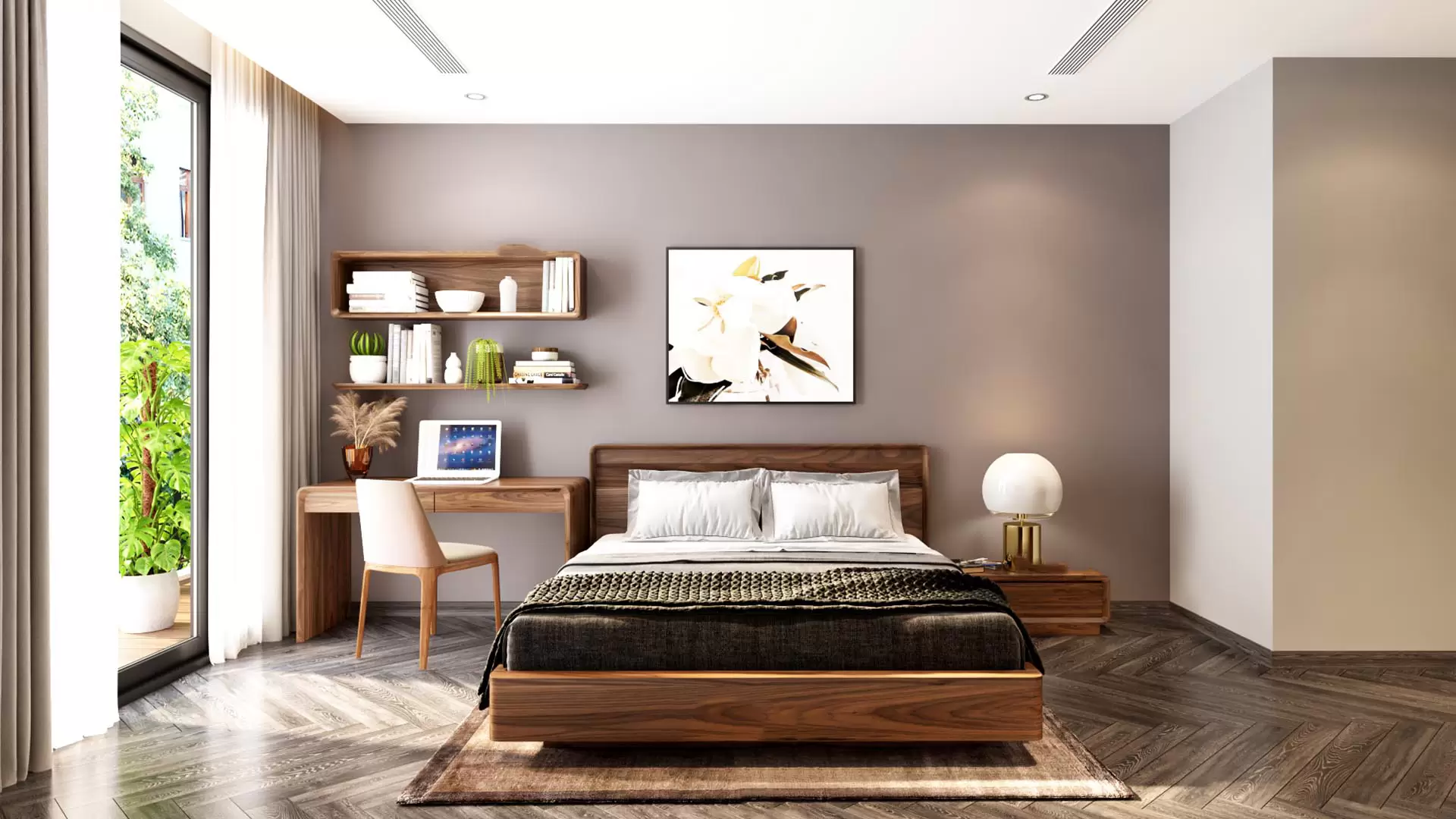 Thiết kế phòng ngủ sang trọng với gỗ óc chó