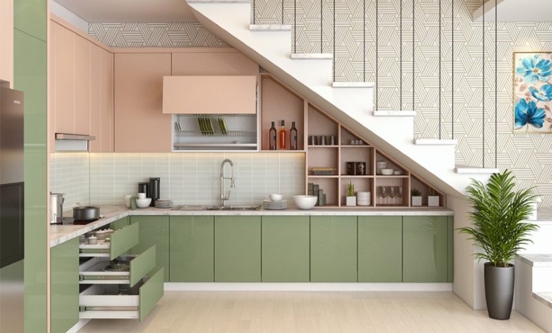 Mẫu thiết kế căn bếp dưới cầu thang