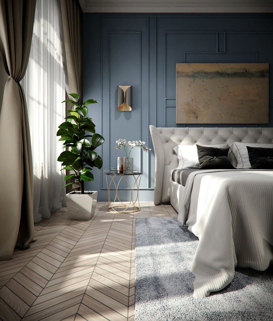 Mẫu thiết kế phòng ngủ tông màu xám xanh