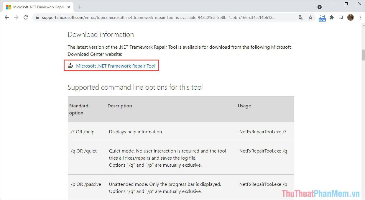 Nhấn vào mục Microsoft NET Framework Repair Tool để tải