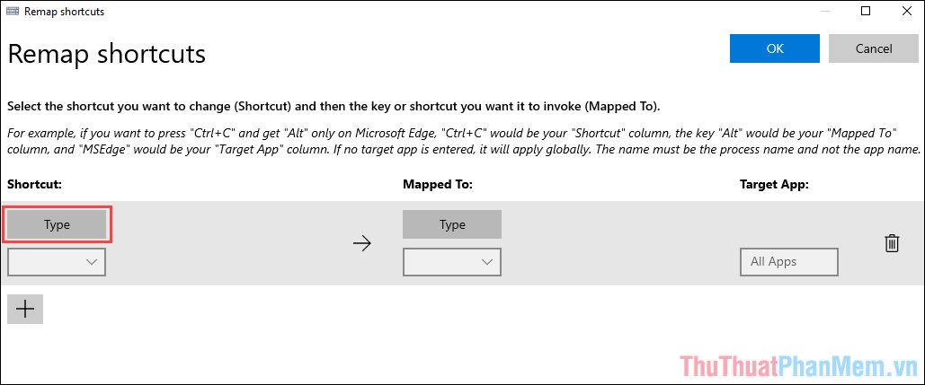 Chọn Type trong mục Shortcut để thay đổi phím tắt mặc định trên máy tính