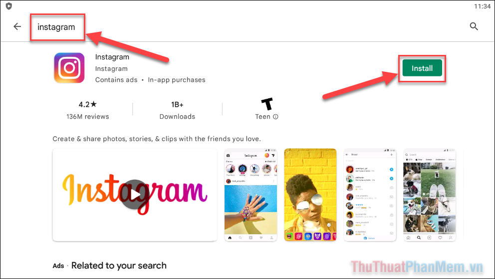 Tìm ứng dụng Instagram rồi nhấn Install