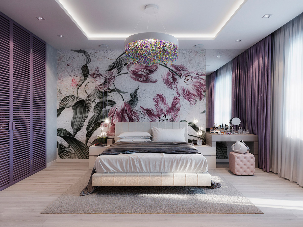 Thiết kế phòng ngủ màu tím thủy chung lãng mạn