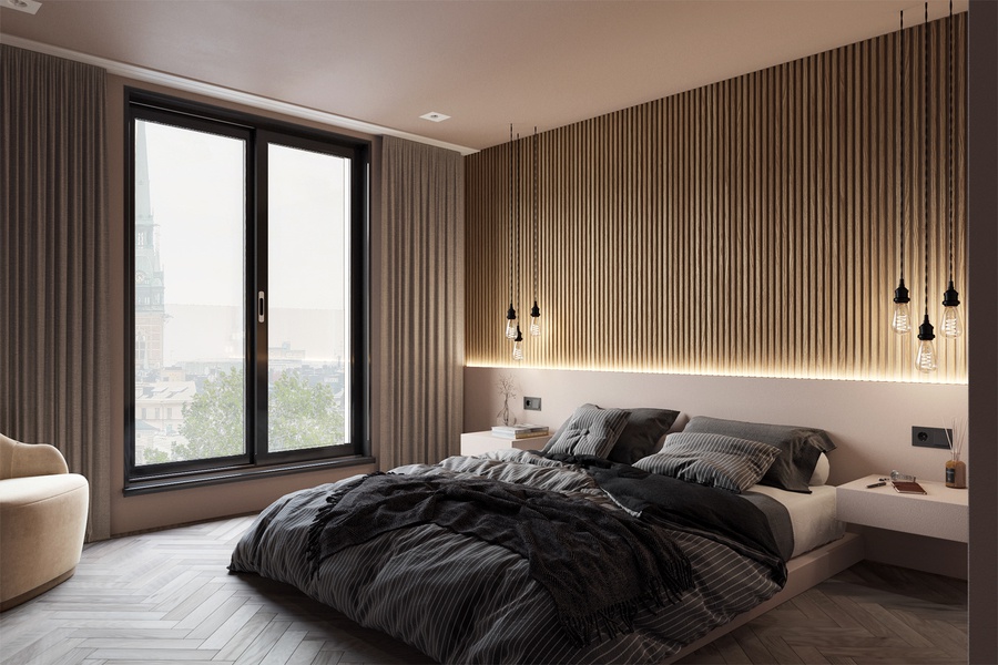 Vách gỗ trang trí đầu giường hiện đại đẹp
