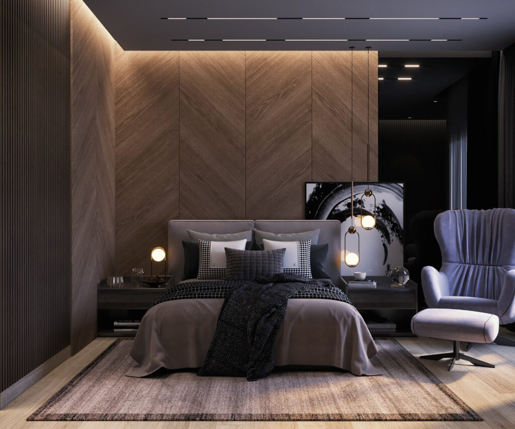 Vách gỗ trang trí đầu giường hiện đại