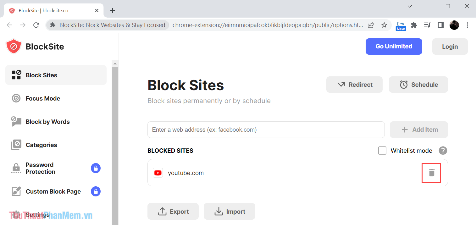 Bạn mở Blocksite và chọn biểu tượng thùng rác bên cạnh trang web bạn đã chặn để xóa chúng ra khỏi dan