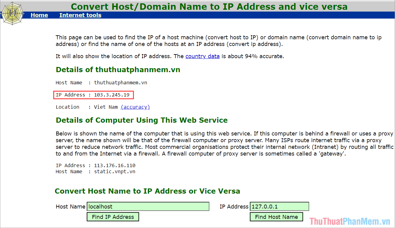 Trang Web sẽ tự động tìm kiếm địa chỉ IP cho bạn