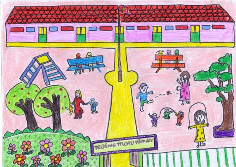 Tranh vẽ chủ đề ngôi trường học tập mong ước của học tập sinh