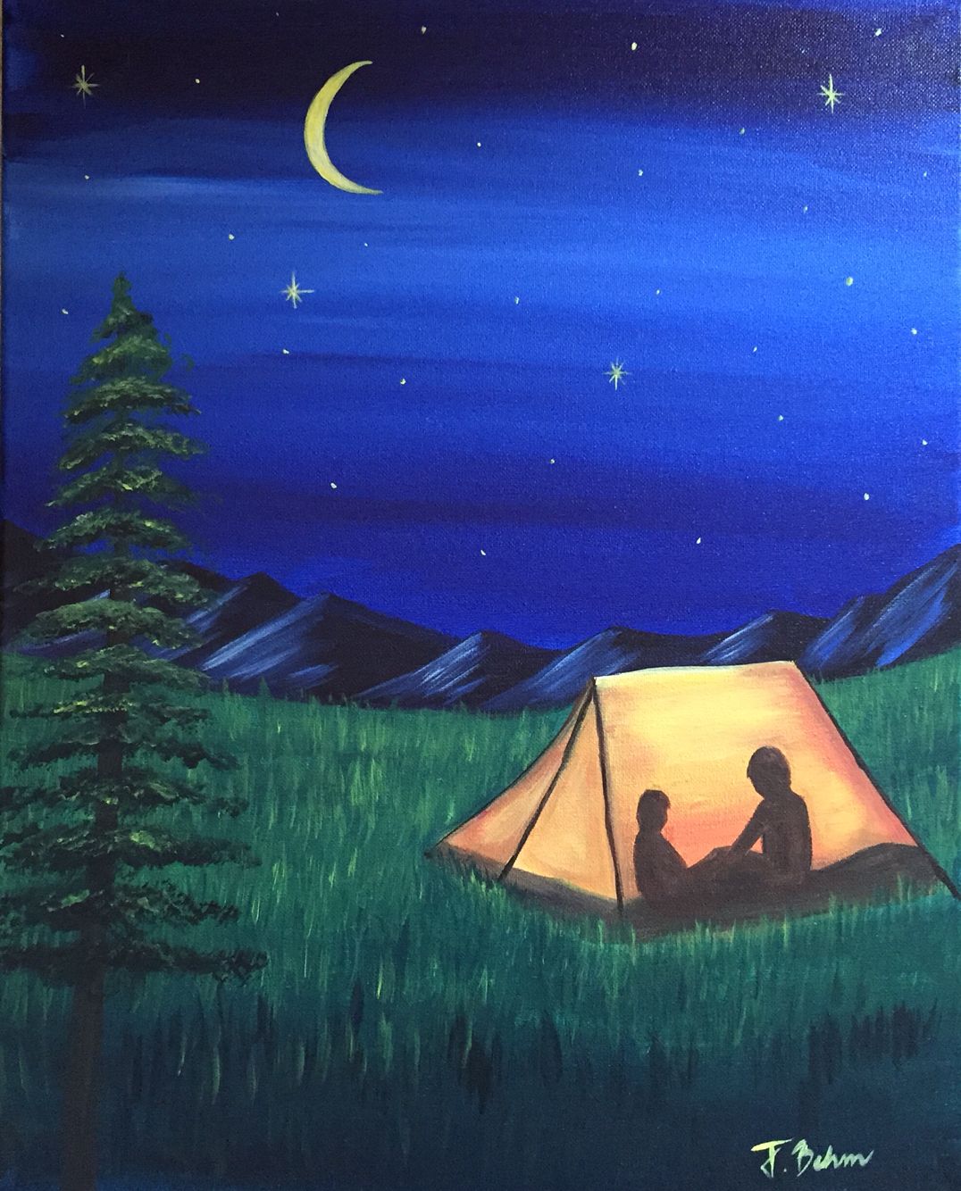 Vẽ tranh cắm trại ban đêm đẹp