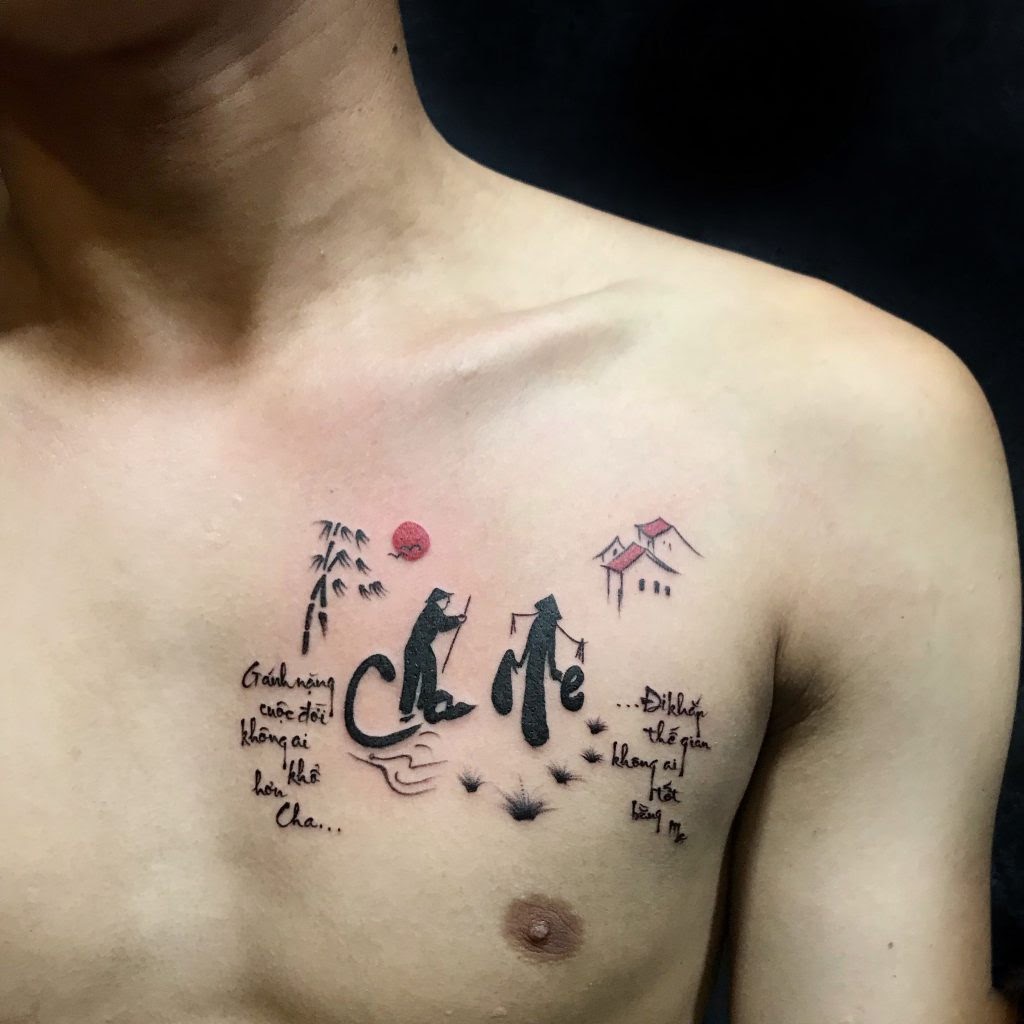 Mẫu hình xăm chữ Hán ý nghĩa về cha mẹ trên ngực