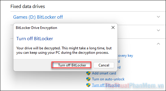 Nhấp vào Tắt BitLocker