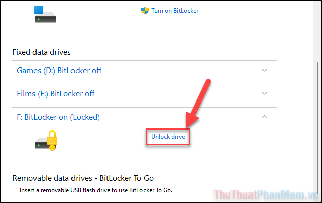 Chọn Unlock drive để nhập mật khẩu mở khóa
