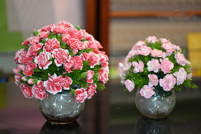 Cắm hoa cẩm chướng bình thấp tỏa tròn để bàn