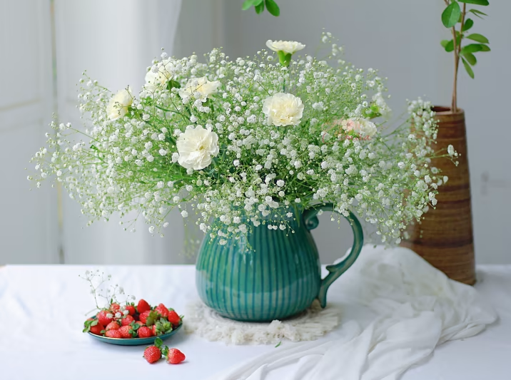 Cắm hoa cẩm chướng trong bình thấp để bàn đẹp