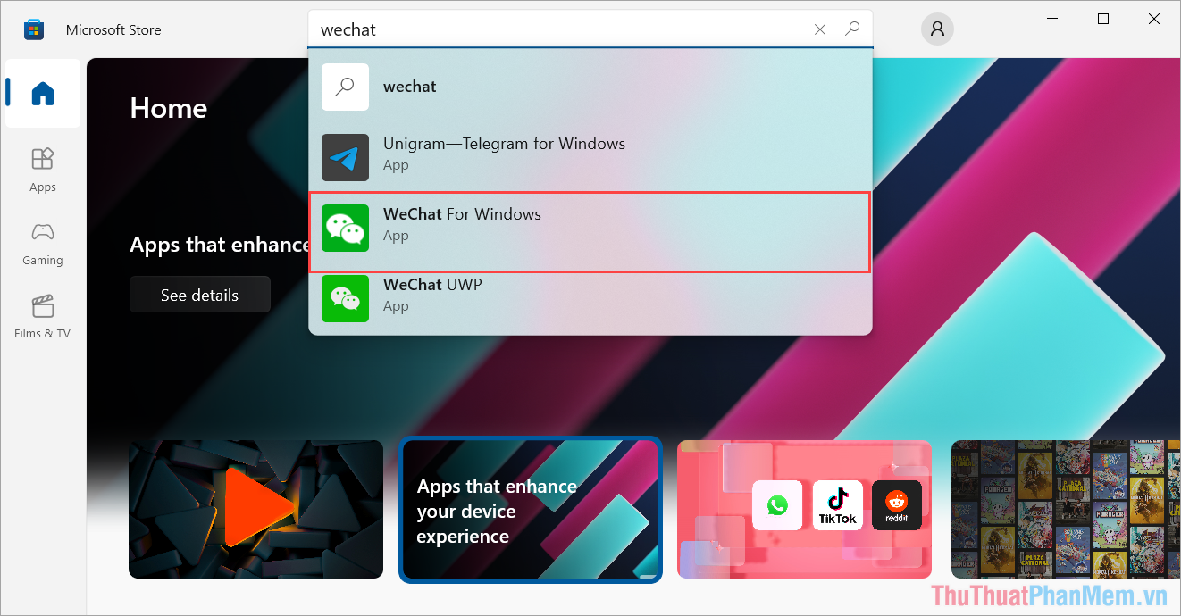 Mở Microsoft Store trên máy tính Windows và nhập WeChat for Windows
