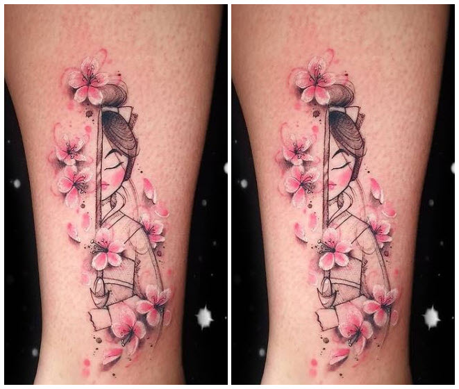 Hình xăm tattoo hoa Anh Đào và Geisha