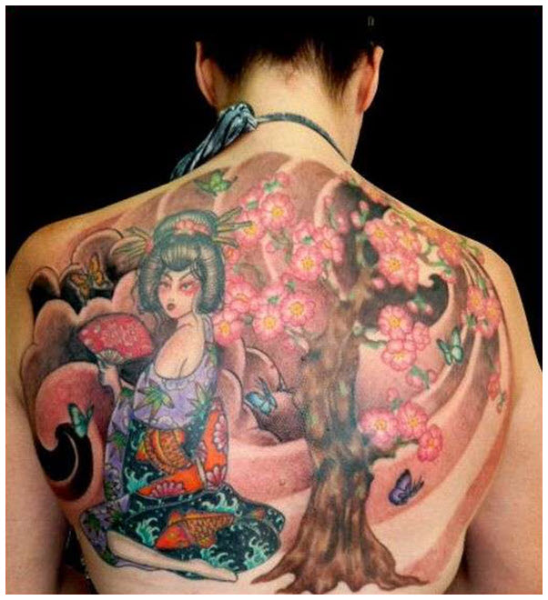 Mẫu hình xăm Geisha hoa Đào