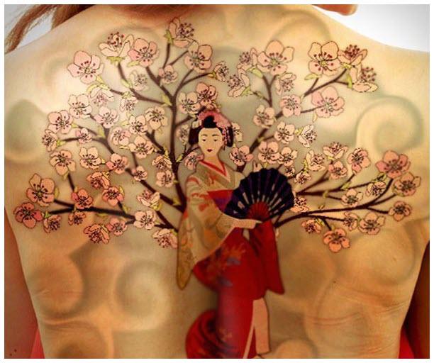 Mẫu hình xăm hoa Anh Đào Geisha Nhật Bản