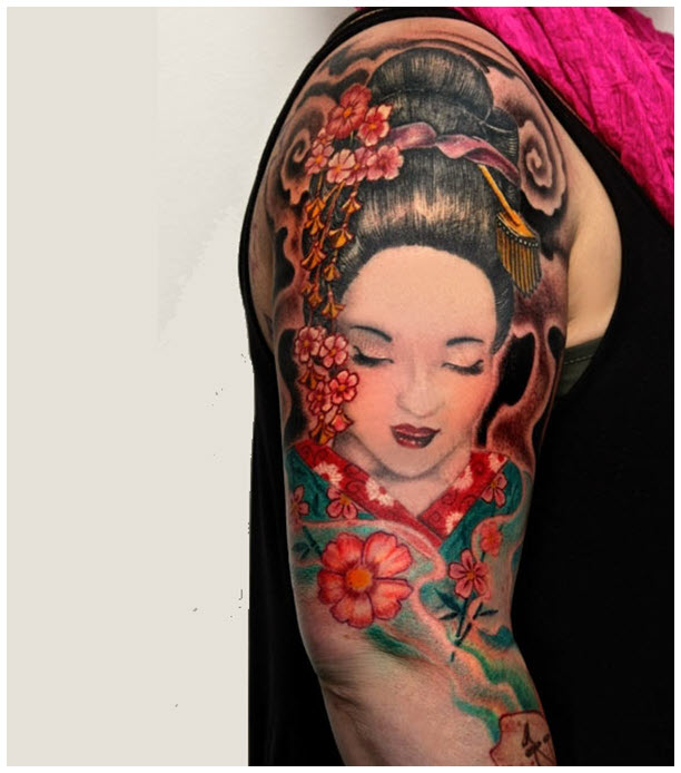 Mẫu hình xăm hoa Anh Đào Geisha