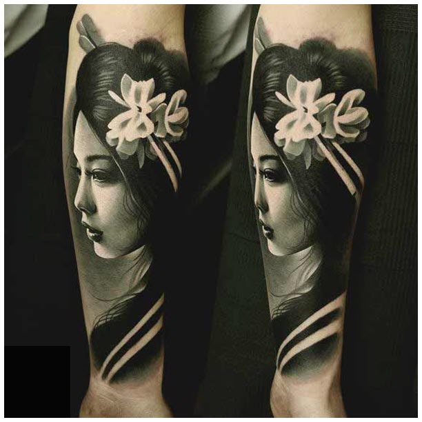 Xăm hình tattoo hoa Anh Đào và Geisha