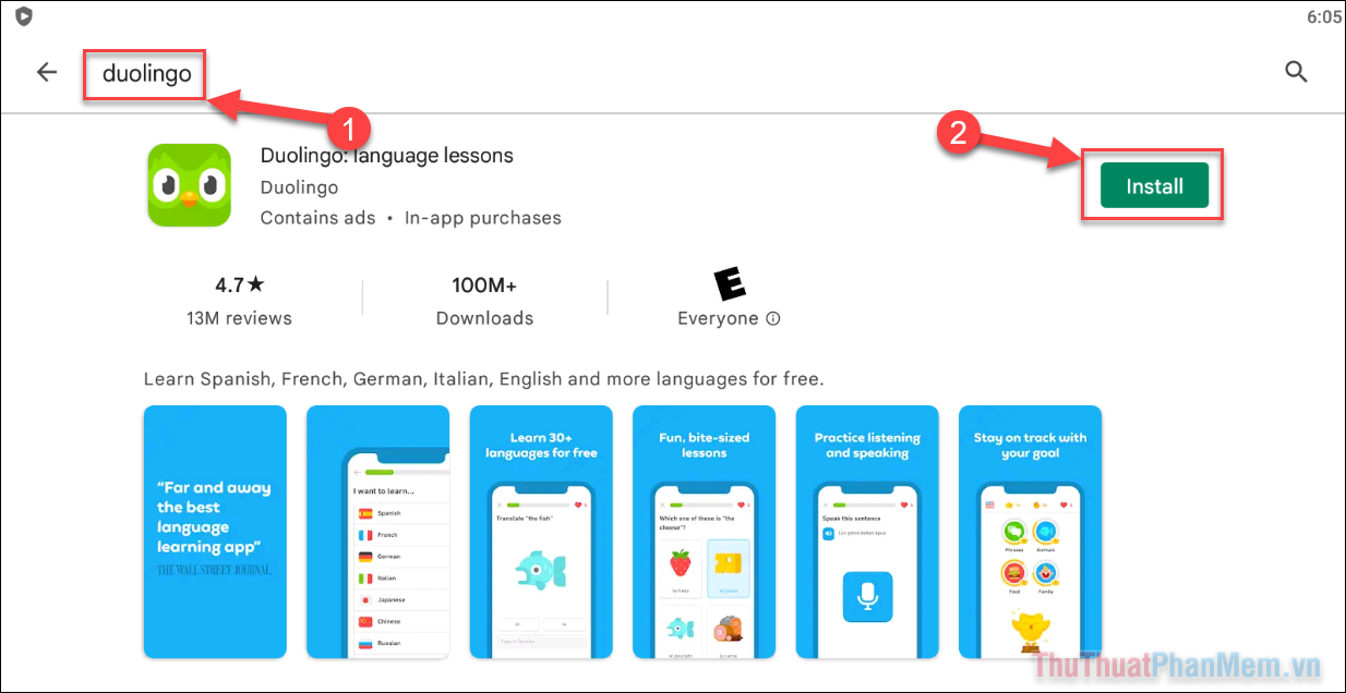 Nhấn Install ở cạnh ứng dụng Duolingo để cài đặt