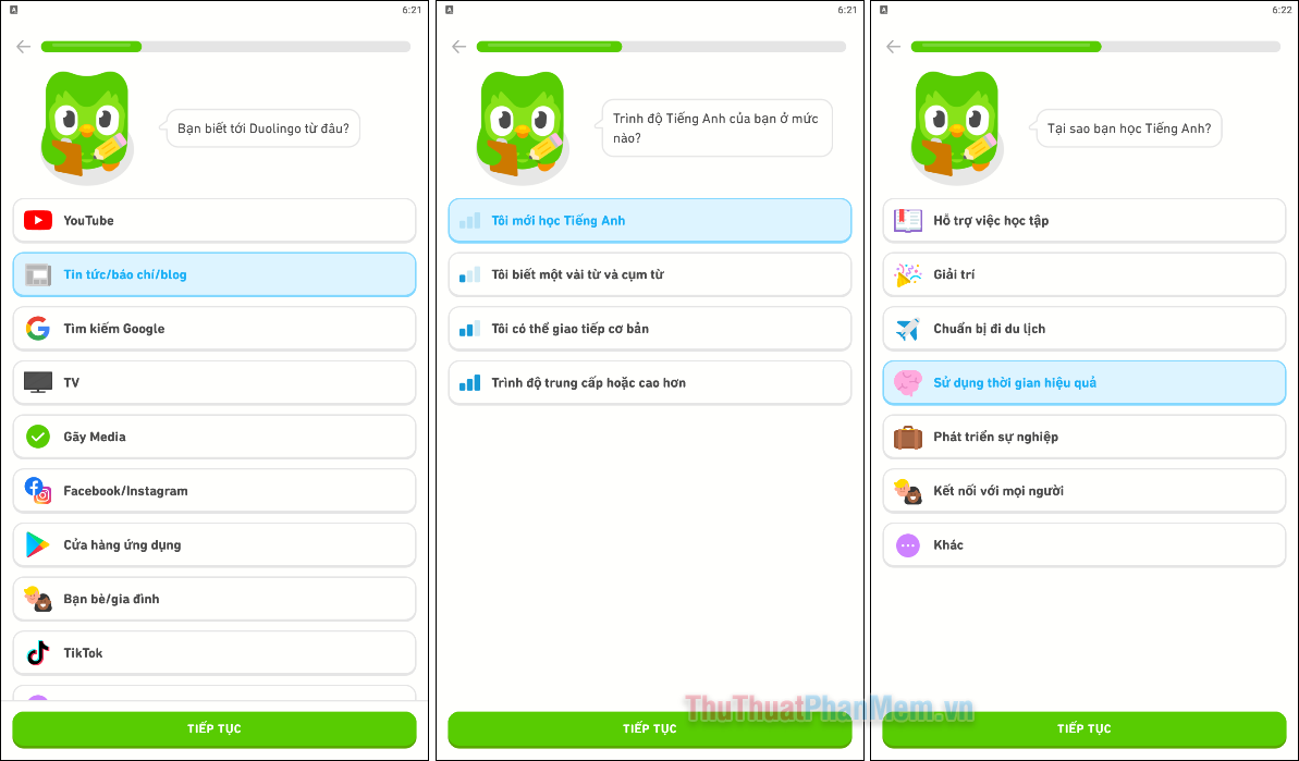 Trả lời các câu hỏi khảo sát của Duolingo