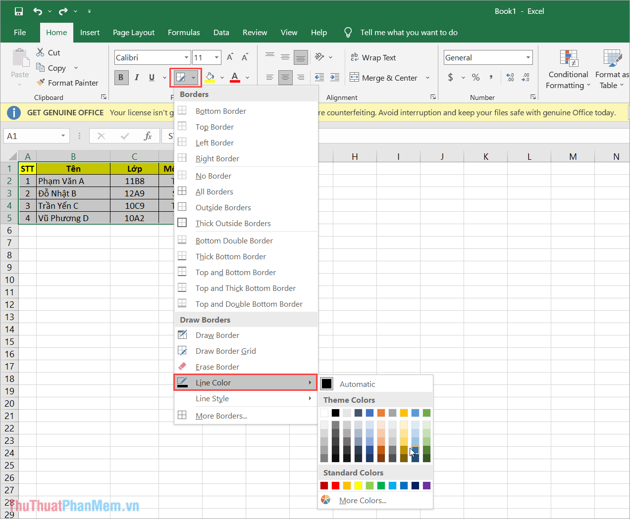 Chọn Line Color để đặt màu sắc cho đường viền kẻ trong Excel